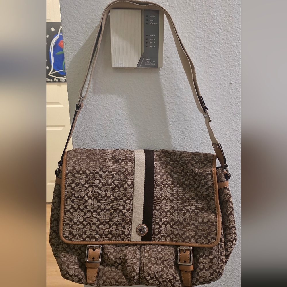 Coach Tan and Brown Signature Messenger Bag